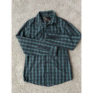 Helix Boys Size Medium Button Up Shirt Long Sleeve Green Black Plaid Pocket